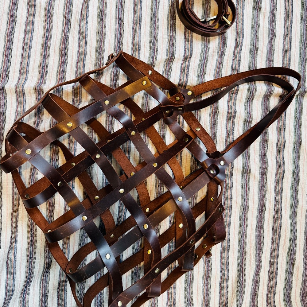 A TOTAL STEAL! Parisian Brown Leather Lattice Tote w/ Canvas Insert - Picture 2 of 7